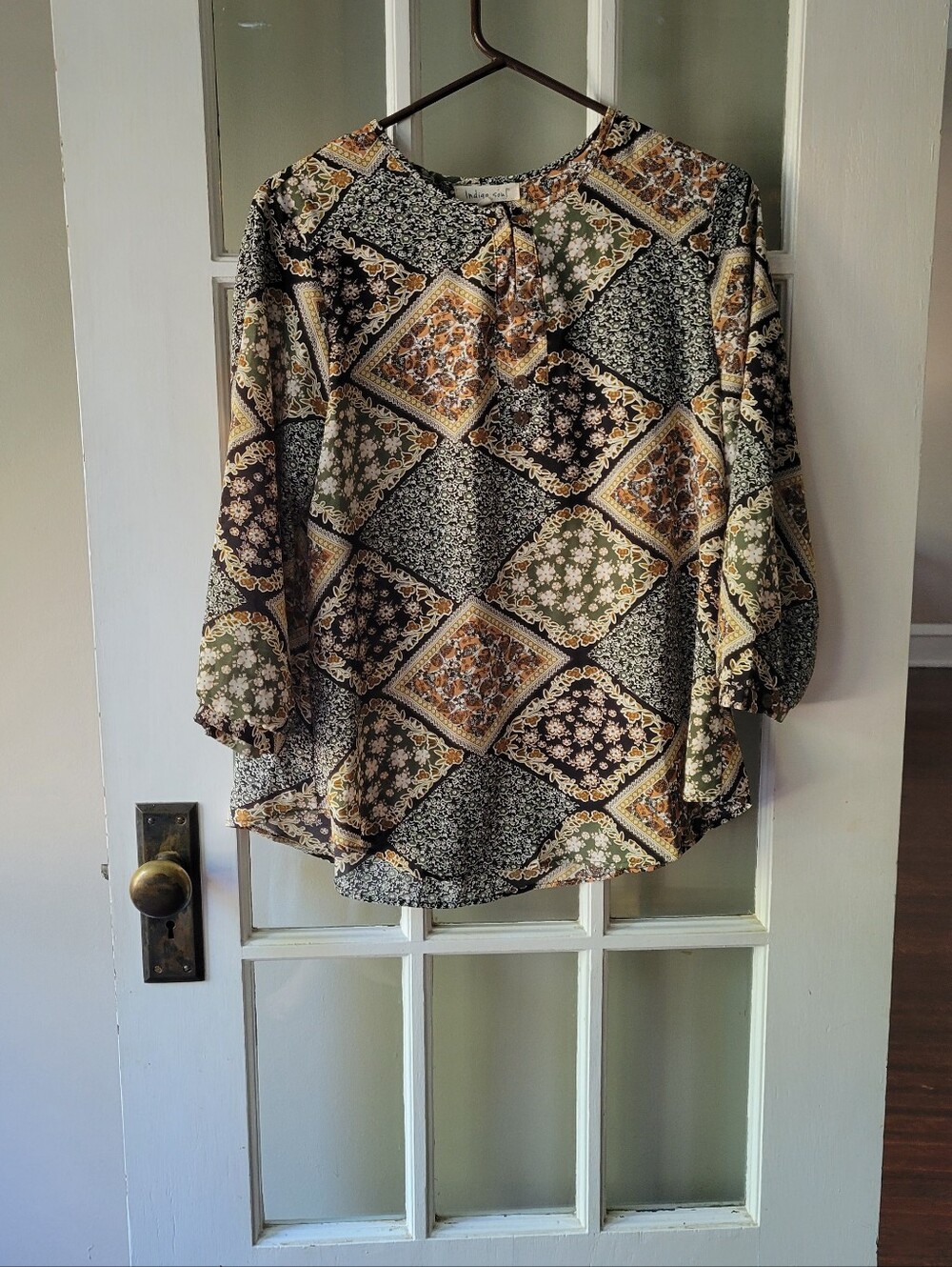 Indigo Soul Women’s (M) Geometric/Floral Peasant Blouse 3/4 Sleeve Boho Flowy